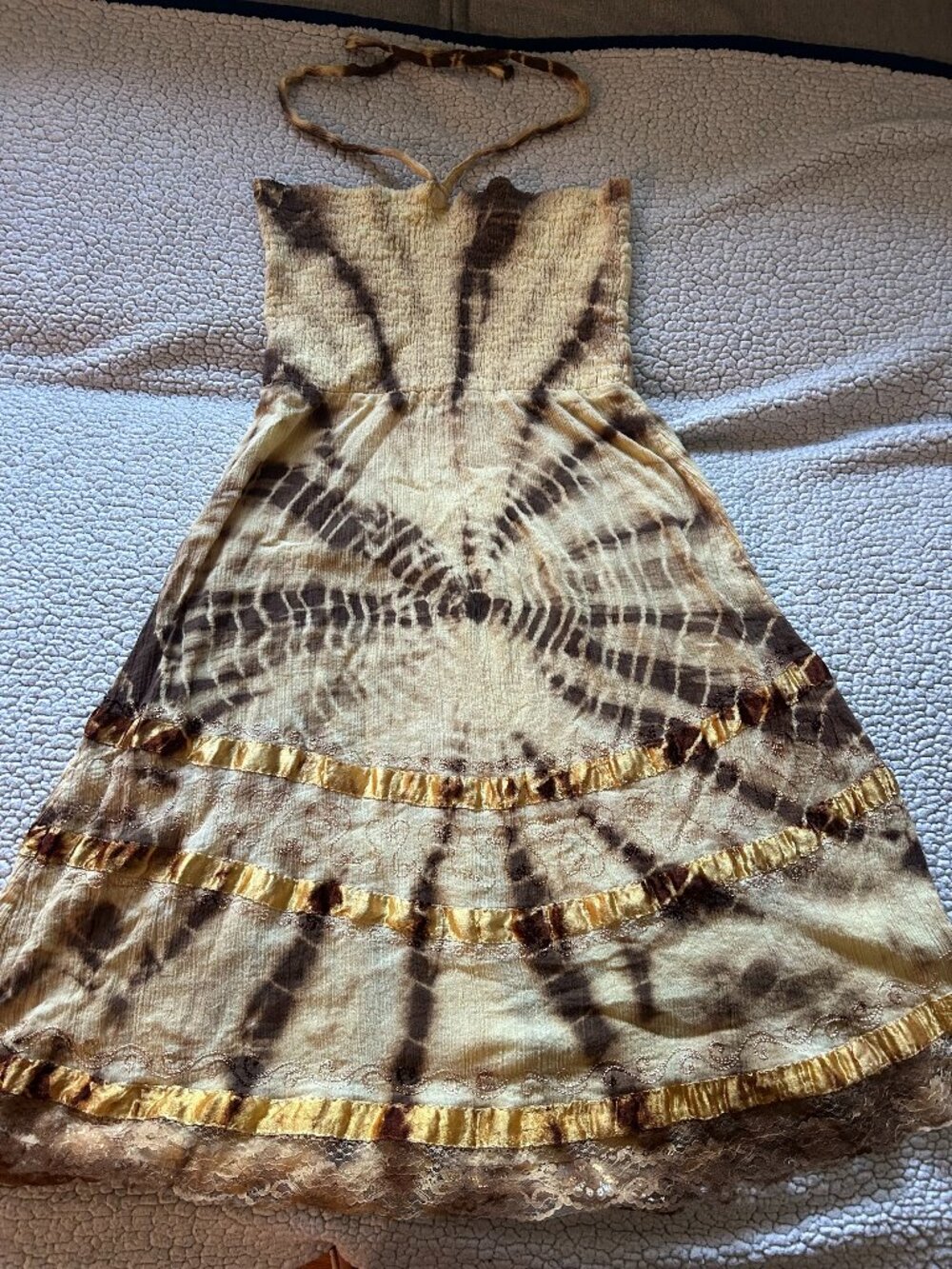 India Boutique -- yellow/ brown tie dye halter, mini dress
